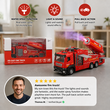Pull-Back Fire Truck Toy with Water Spray, Lights & Sounds