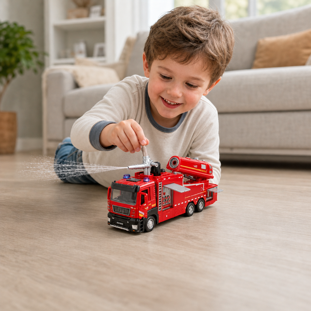 Pull-Back Fire Truck Toy with Water Spray, Lights & Sounds