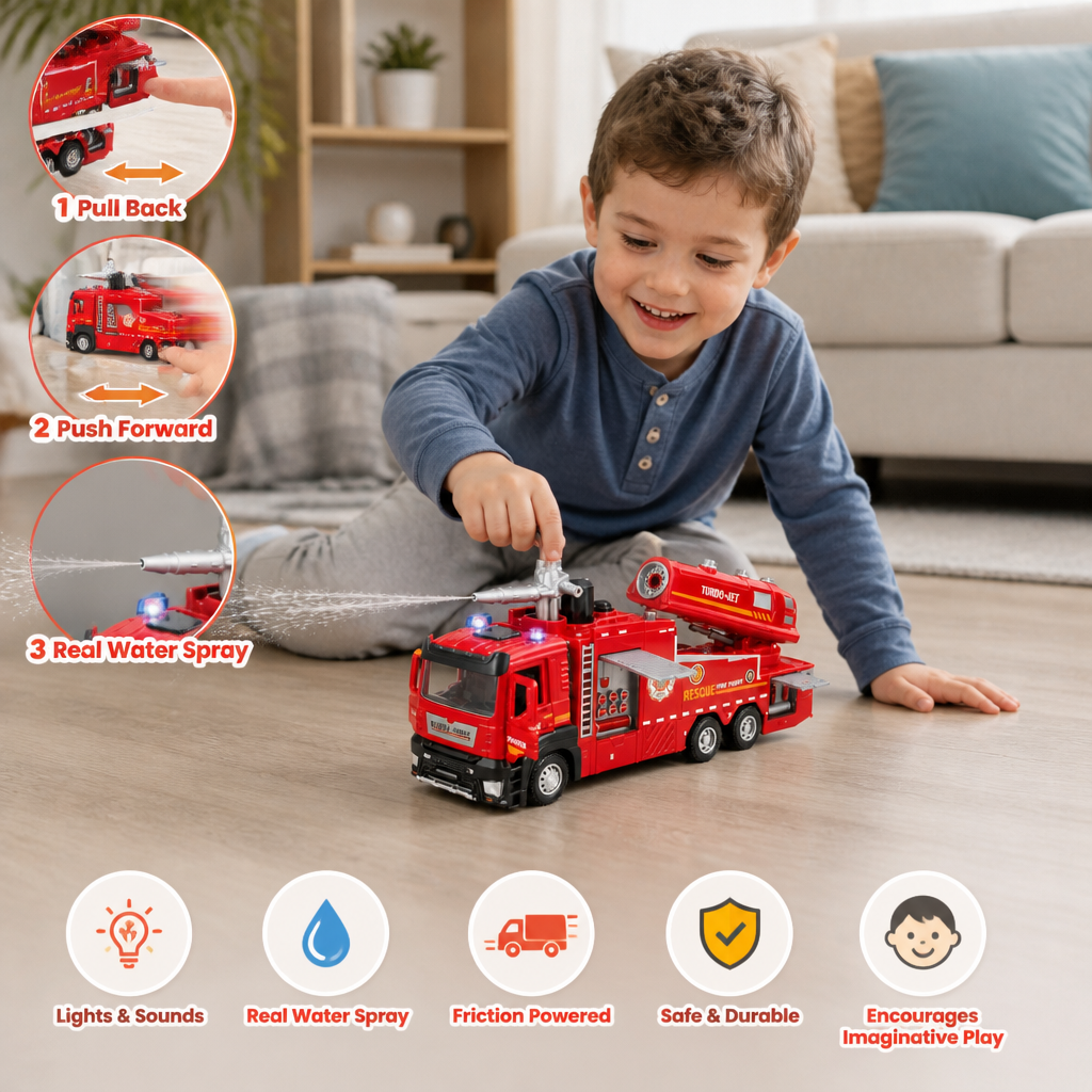 Pull-Back Fire Truck Toy with Water Spray, Lights & Sounds