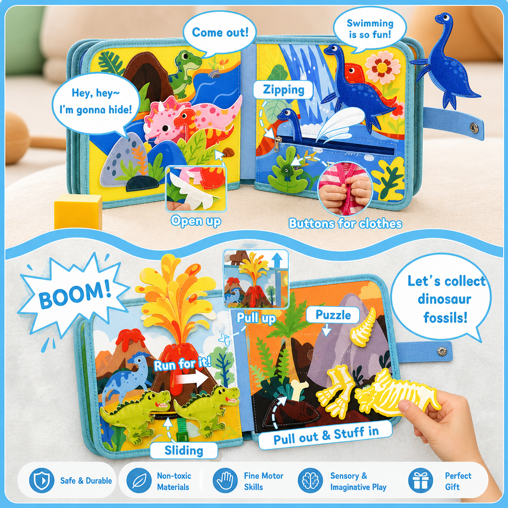 8-in-1 Montessori Dinosaur Busy Board Activity Book for Toddlers