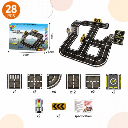Magnetic Tiles & Building Blocks Set with Roads & Traffic Lights