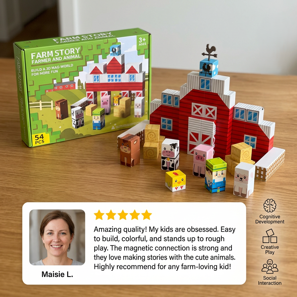 Farm Story Magnetic Building Blocks Travel Playset with Animals & Barn