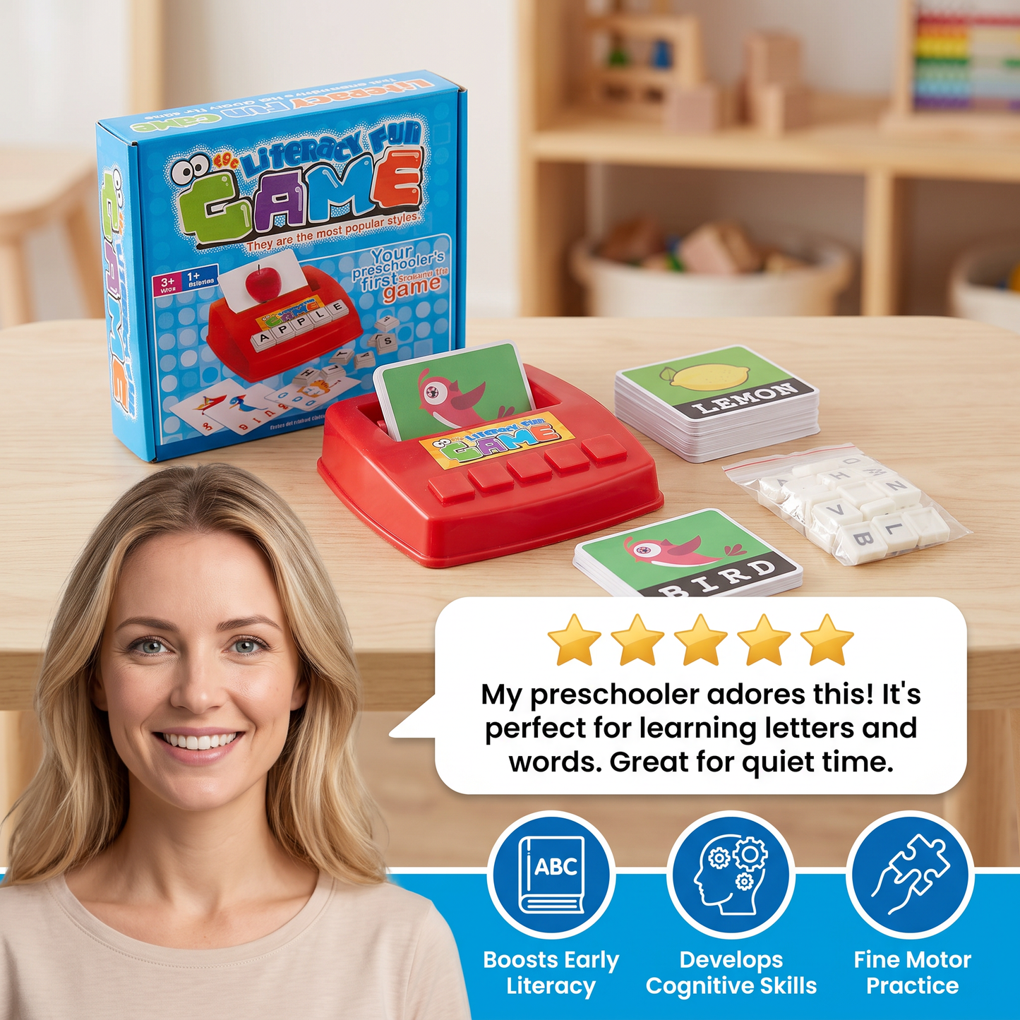 Interactive Spelling & Word Matching Game – Preschool Literacy Learning Toy with Picture Cards & Letter Tiles