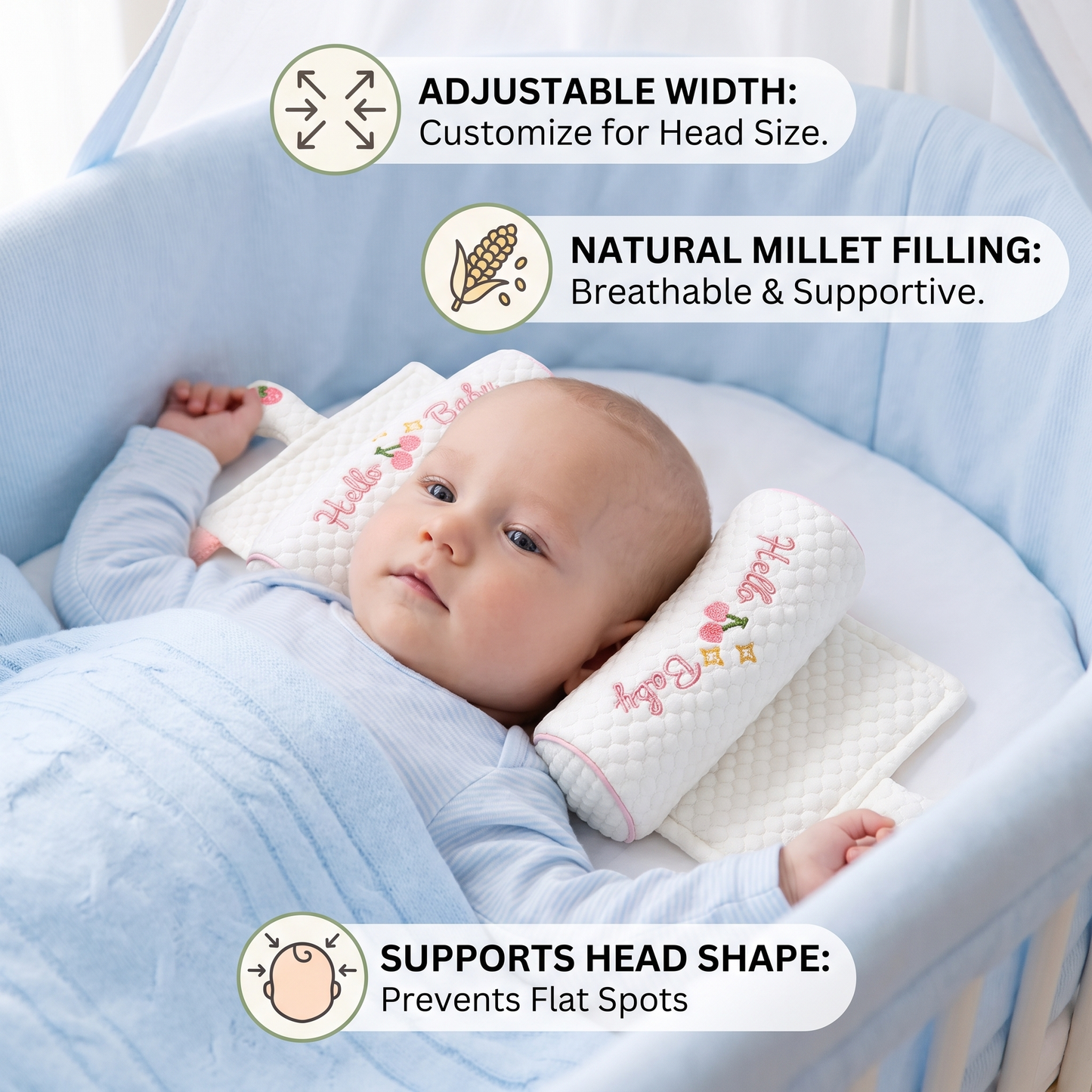 Adjustable Baby Head Shaping Pillow with Millet Filling