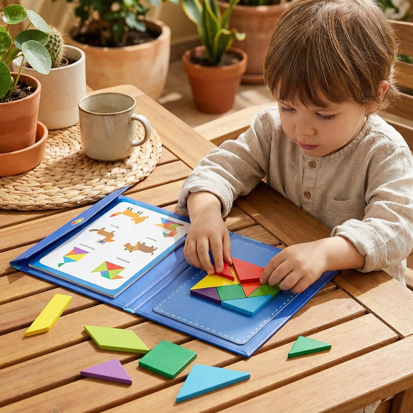 Portable Montessori Wooden Magnetic Tangram Puzzle Book Educational Toy