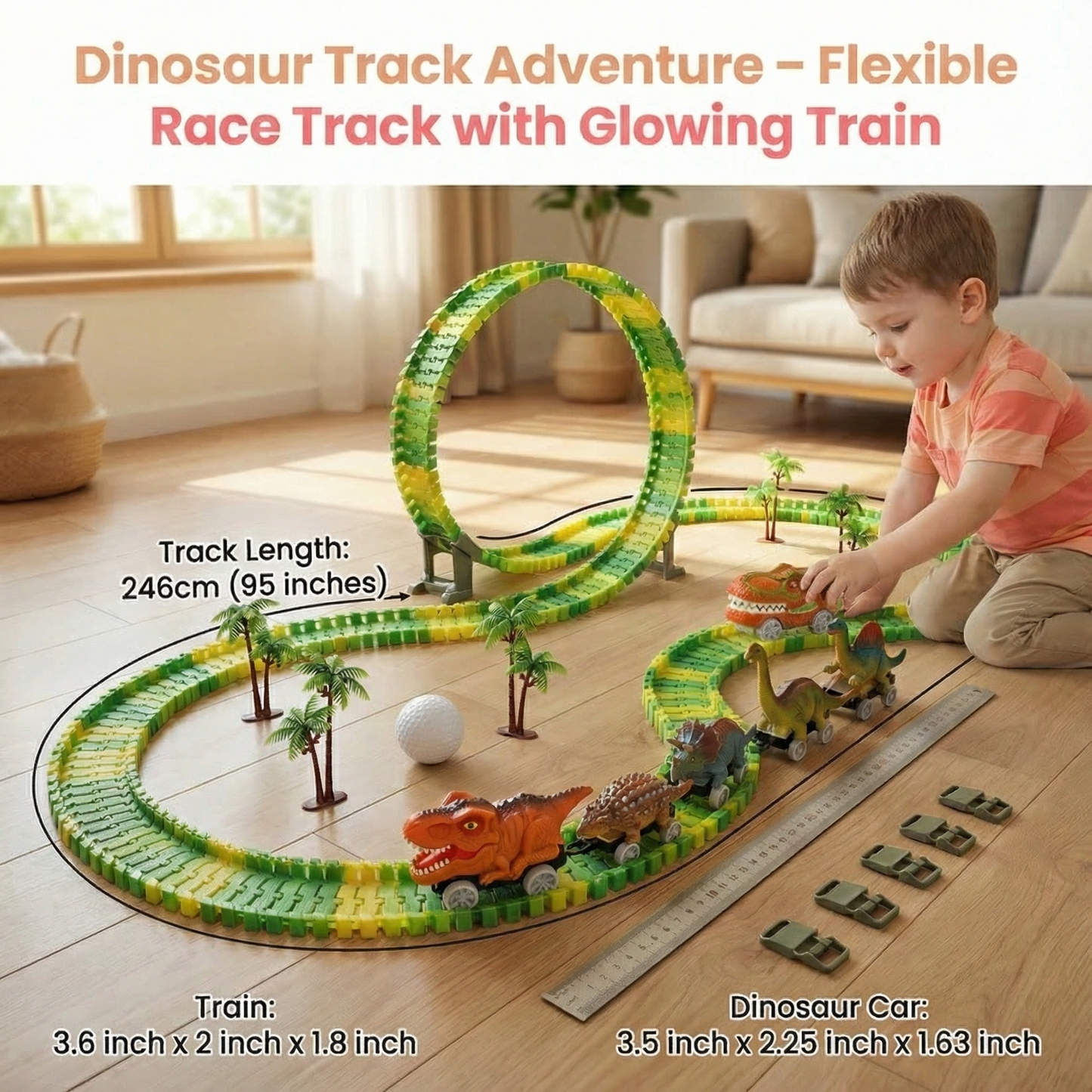 Dinosaur Track Adventure – Flexible racetrack with light-up train