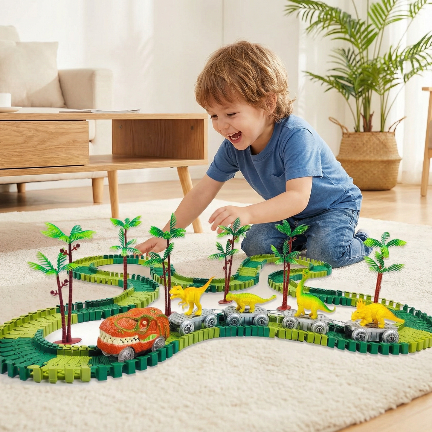 Dinosaur Track Adventure – Flexible racetrack with light-up train