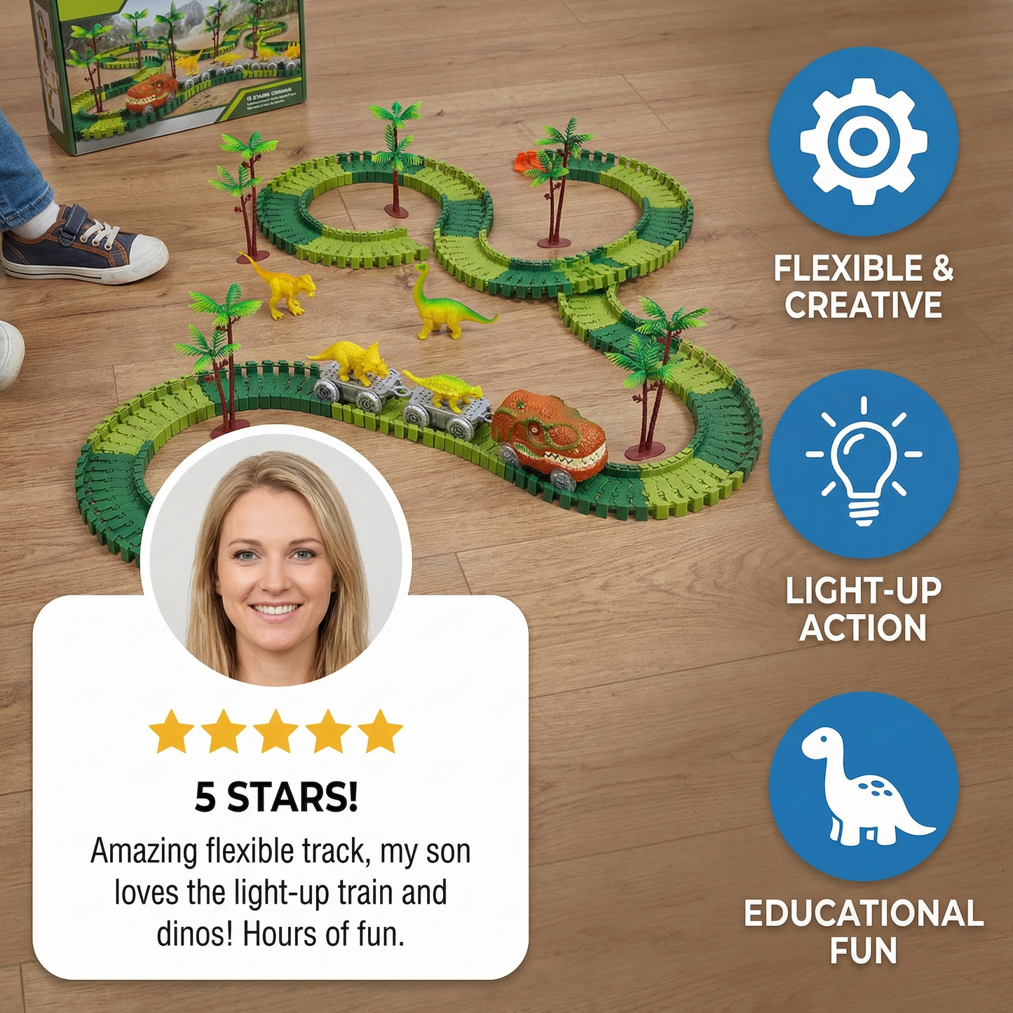 Dinosaur Track Adventure – Flexible racetrack with light-up train