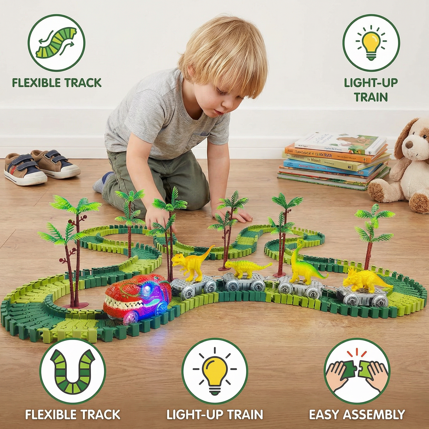 Dinosaur Track Adventure – Flexible racetrack with light-up train