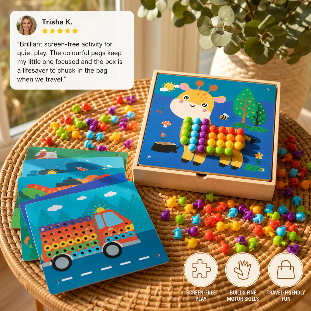 4-in-1 Montessori Wooden Sensory Activity Travel Board Box with Gears & Colorful Pegs