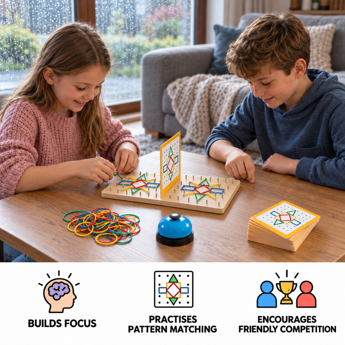 Montessori Wooden Geometry Battle Game with Colorful Rubber Bands