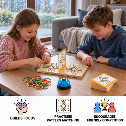 Montessori Wooden Geometry Battle Game with Colorful Rubber Bands