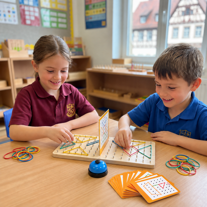 Montessori Wooden Geometry Battle Game with Colorful Rubber Bands