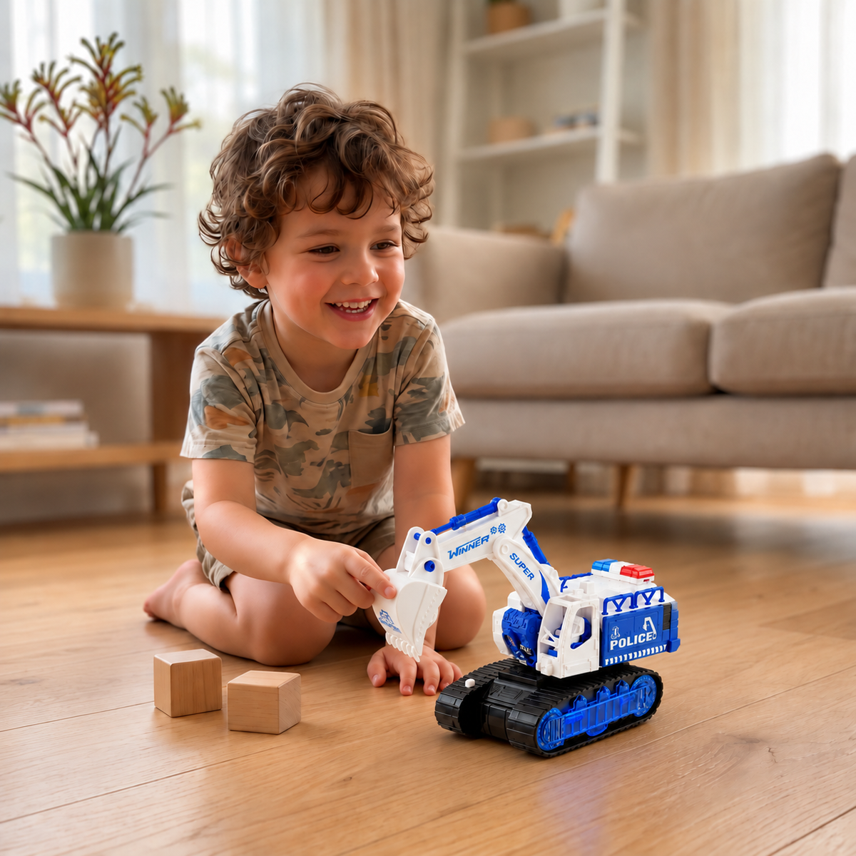 Transforming Police Robot Excavator Toy with Lights & Sounds