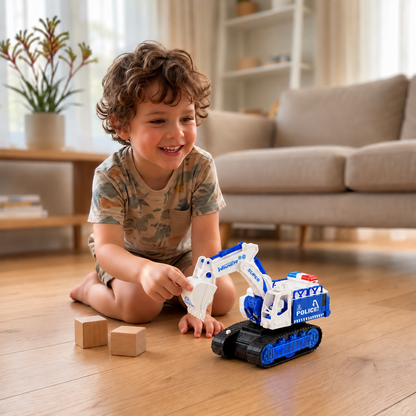 Transforming Police Robot Excavator Toy with Lights & Sounds