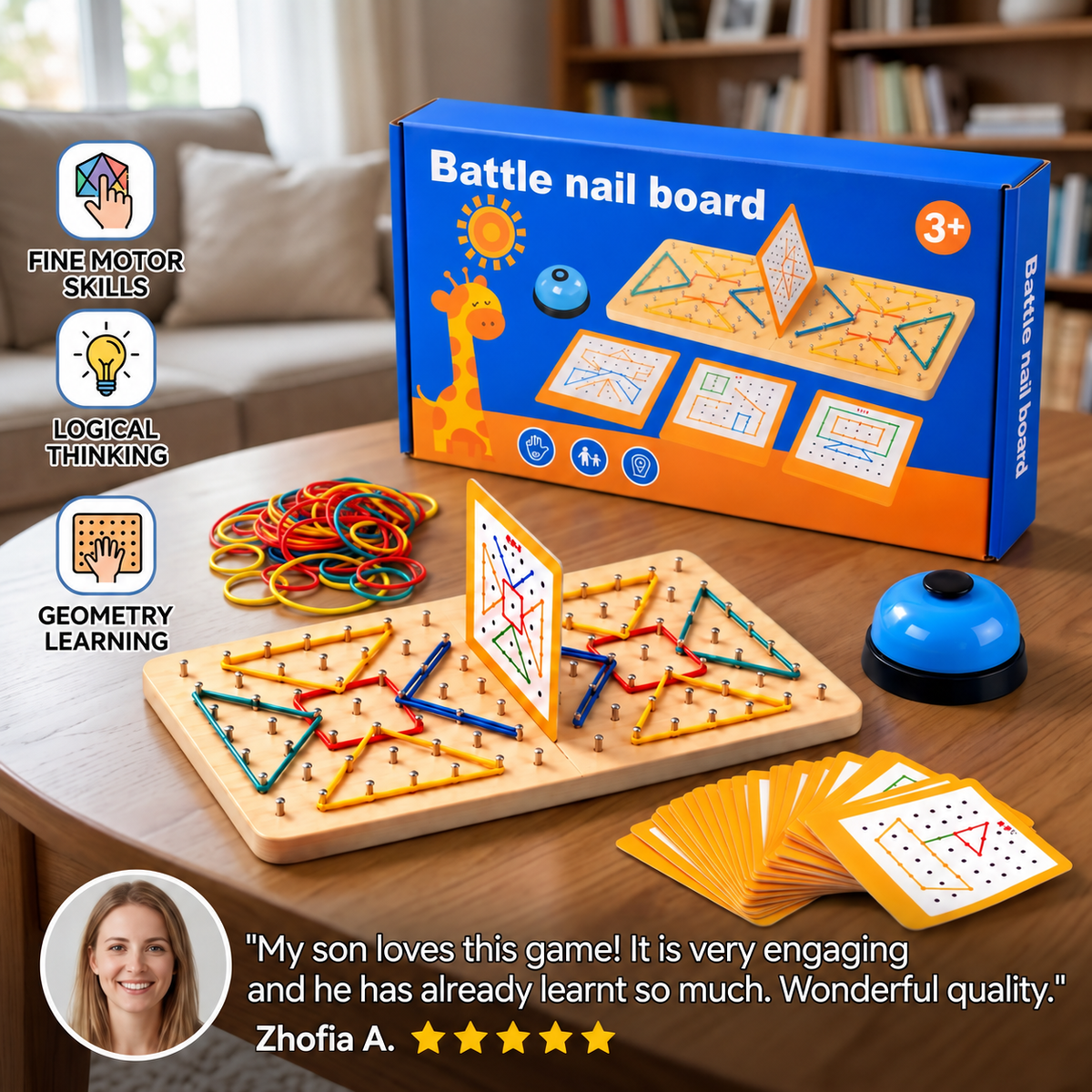 Montessori Wooden Geometry Battle Game with Colorful Rubber Bands