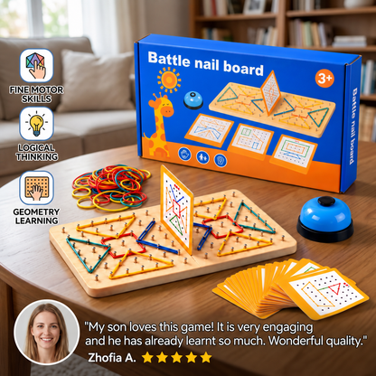 Montessori Wooden Geometry Battle Game with Colorful Rubber Bands