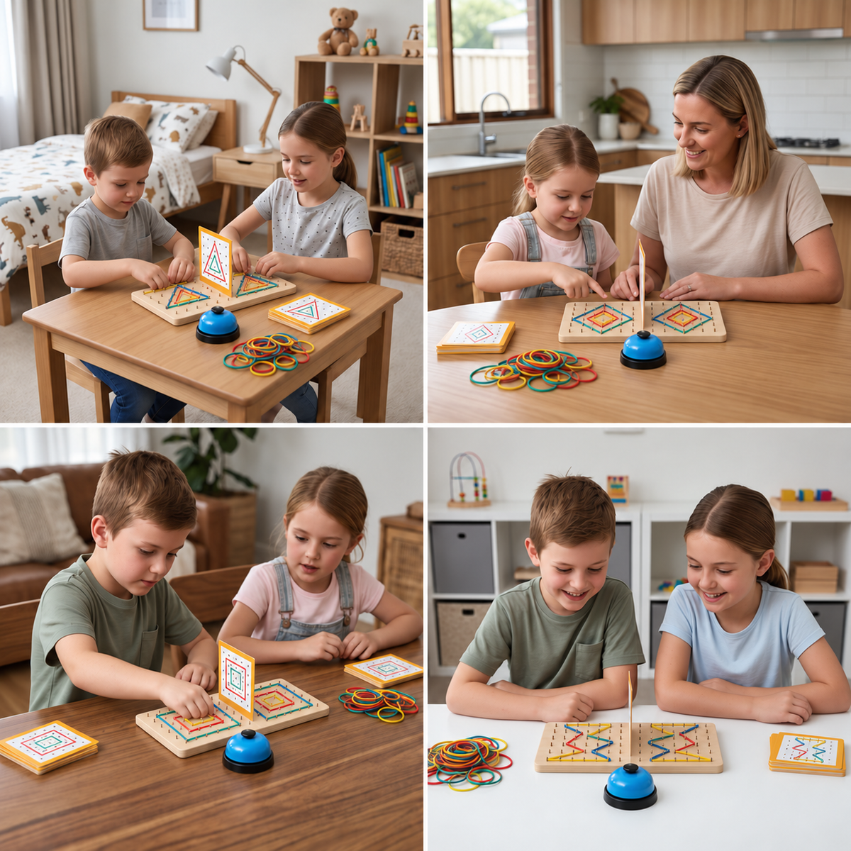 Montessori Wooden Geometry Battle Game with Colorful Rubber Bands