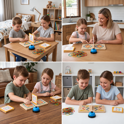 Montessori Wooden Geometry Battle Game with Colorful Rubber Bands
