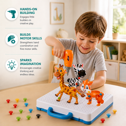 Safari Animal Building Block Set with Electric Toy Drill for Kids