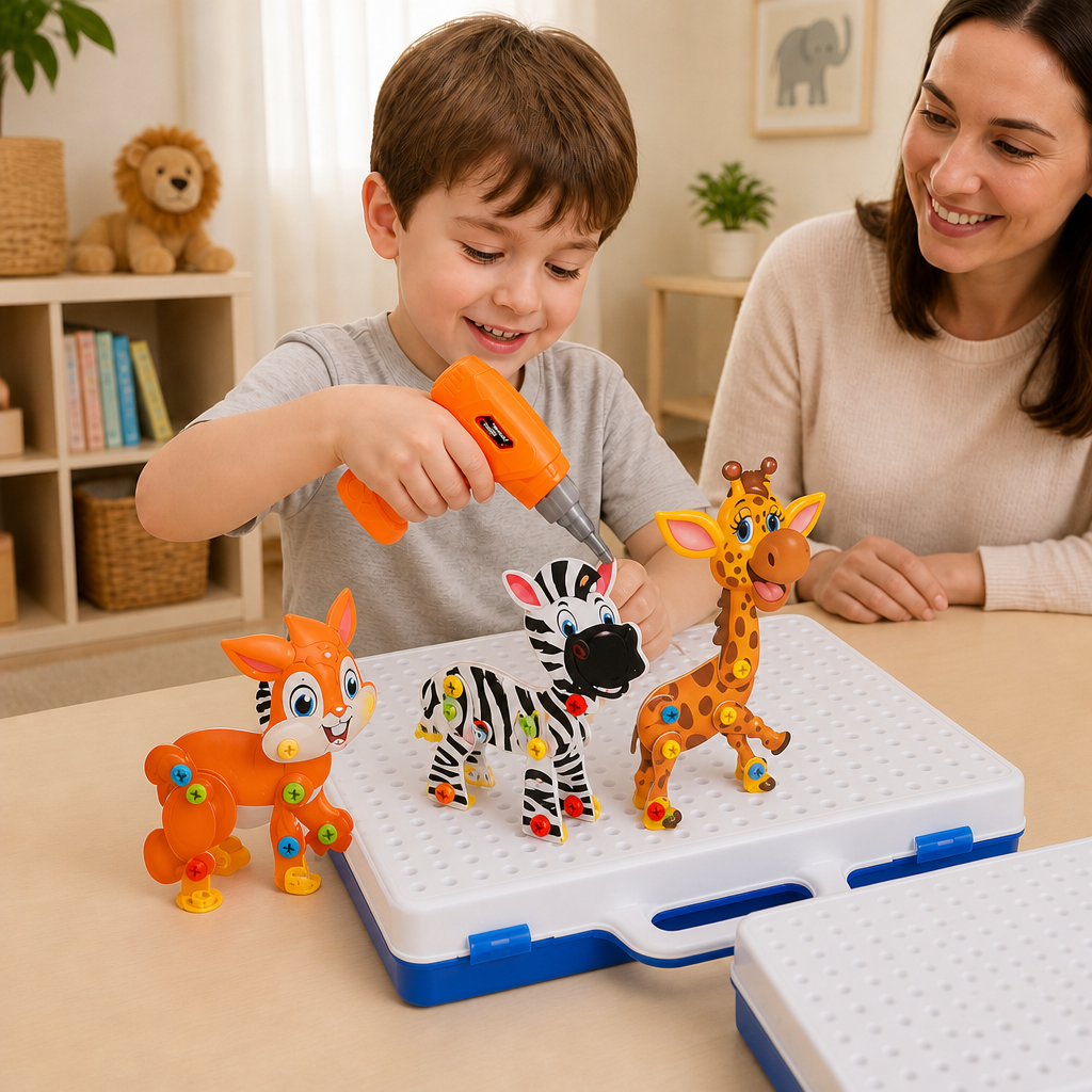 Safari Animal Building Block Set with Electric Toy Drill for Kids