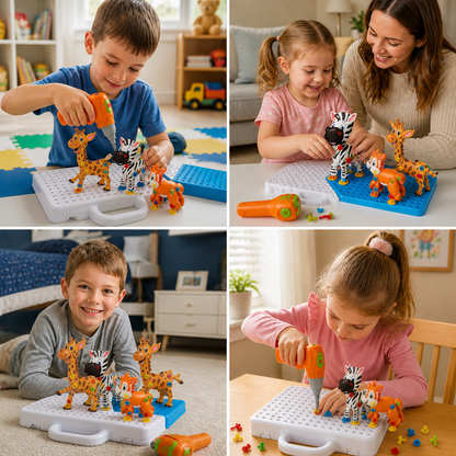 Safari Animal Building Block Set with Electric Toy Drill for Kids