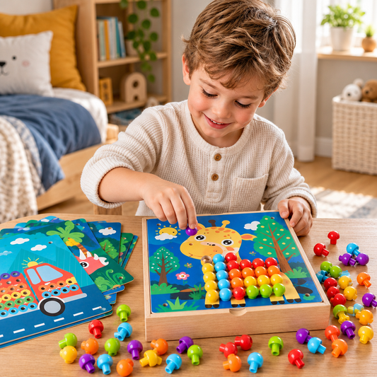 4-in-1 Montessori Wooden Sensory Activity Travel Board Box with Gears & Colorful Pegs