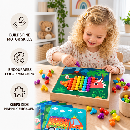 4-in-1 Montessori Wooden Sensory Activity Travel Board Box with Gears & Colorful Pegs