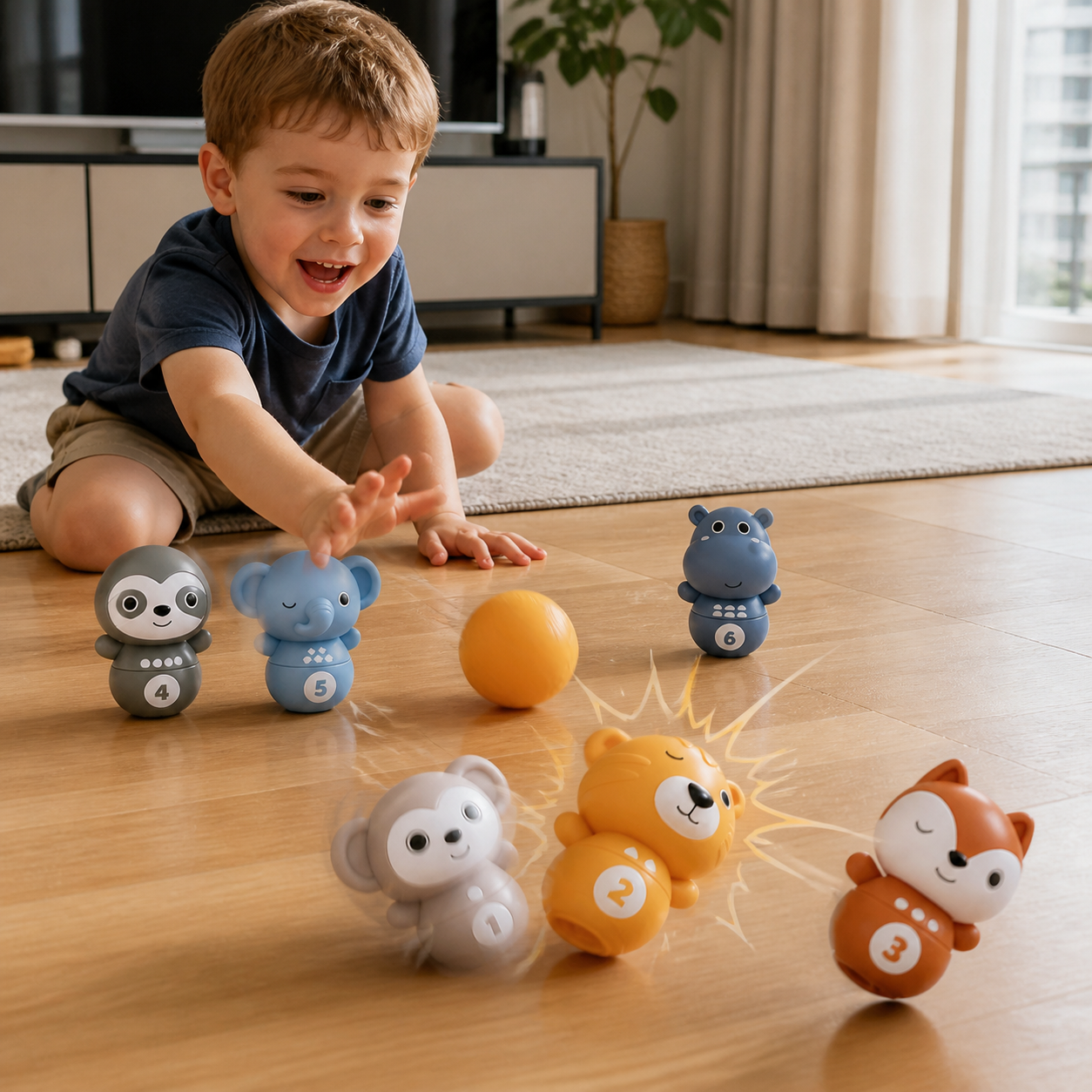 6-in-1 Soft Rubber Animal Bowling & Stacking Game – Montessori Learning Toy for Kids