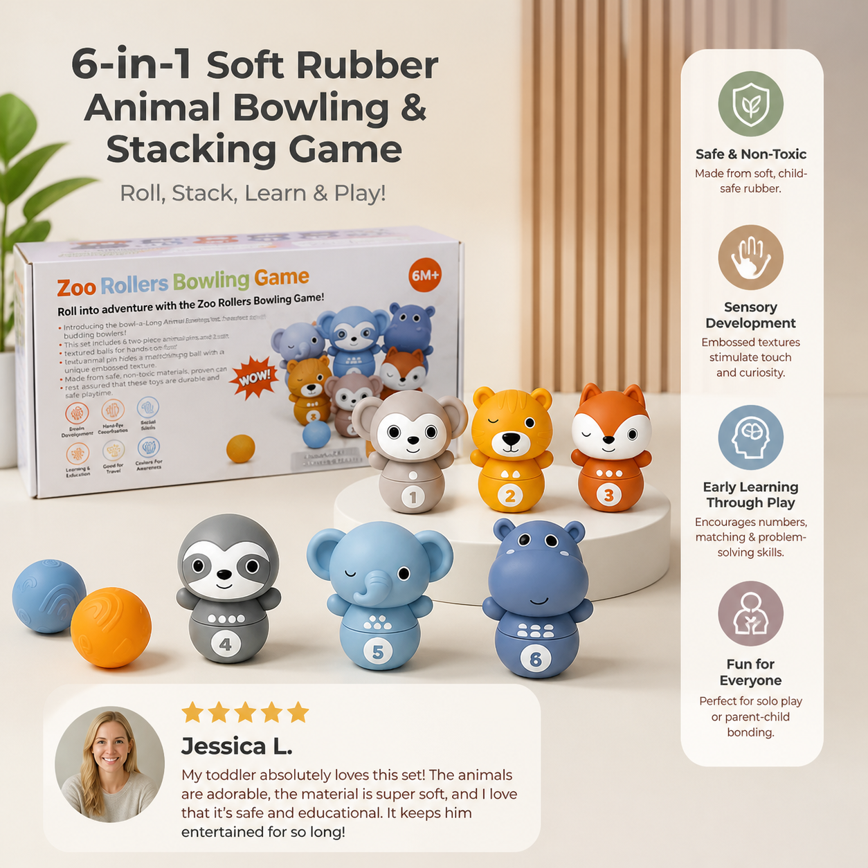 6-in-1 Soft Rubber Animal Bowling & Stacking Game – Montessori Learning Toy for Kids