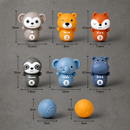 6-in-1 Soft Rubber Animal Bowling & Stacking Game – Montessori Learning Toy for Kids