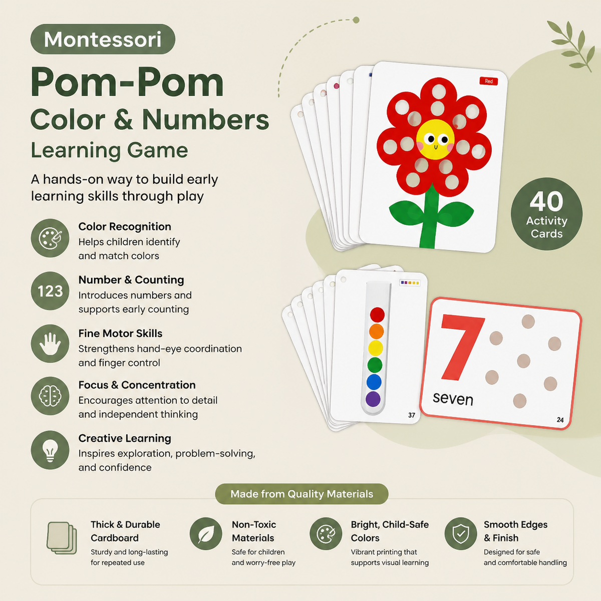 Montessori Pom-Pom Color & Numbers Learning Game for Fine Motor Skills