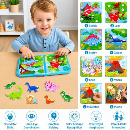 8-in-1 Montessori Dinosaur Busy Board Activity Book for Toddlers