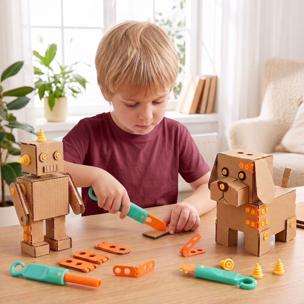 Safe 100-Piece STEM Cardboard Construction Kit with Tool Set for Kids