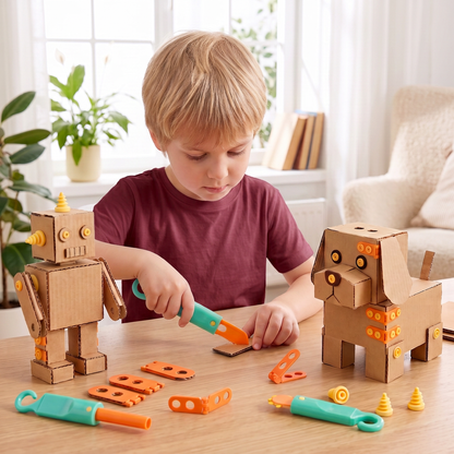 Safe 100-Piece STEM Cardboard Construction Kit with Tool Set for Kids