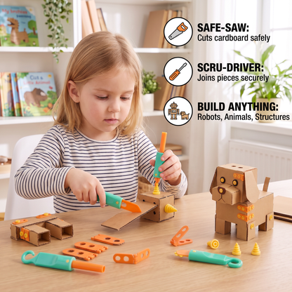 Safe 100-Piece STEM Cardboard Construction Kit with Tool Set for Kids