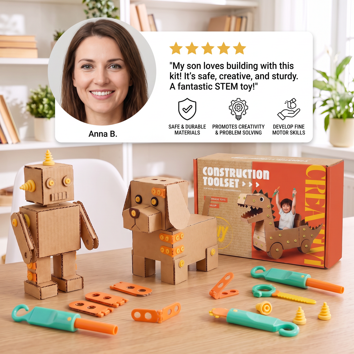 Safe 100-Piece STEM Cardboard Construction Kit with Tool Set for Kids