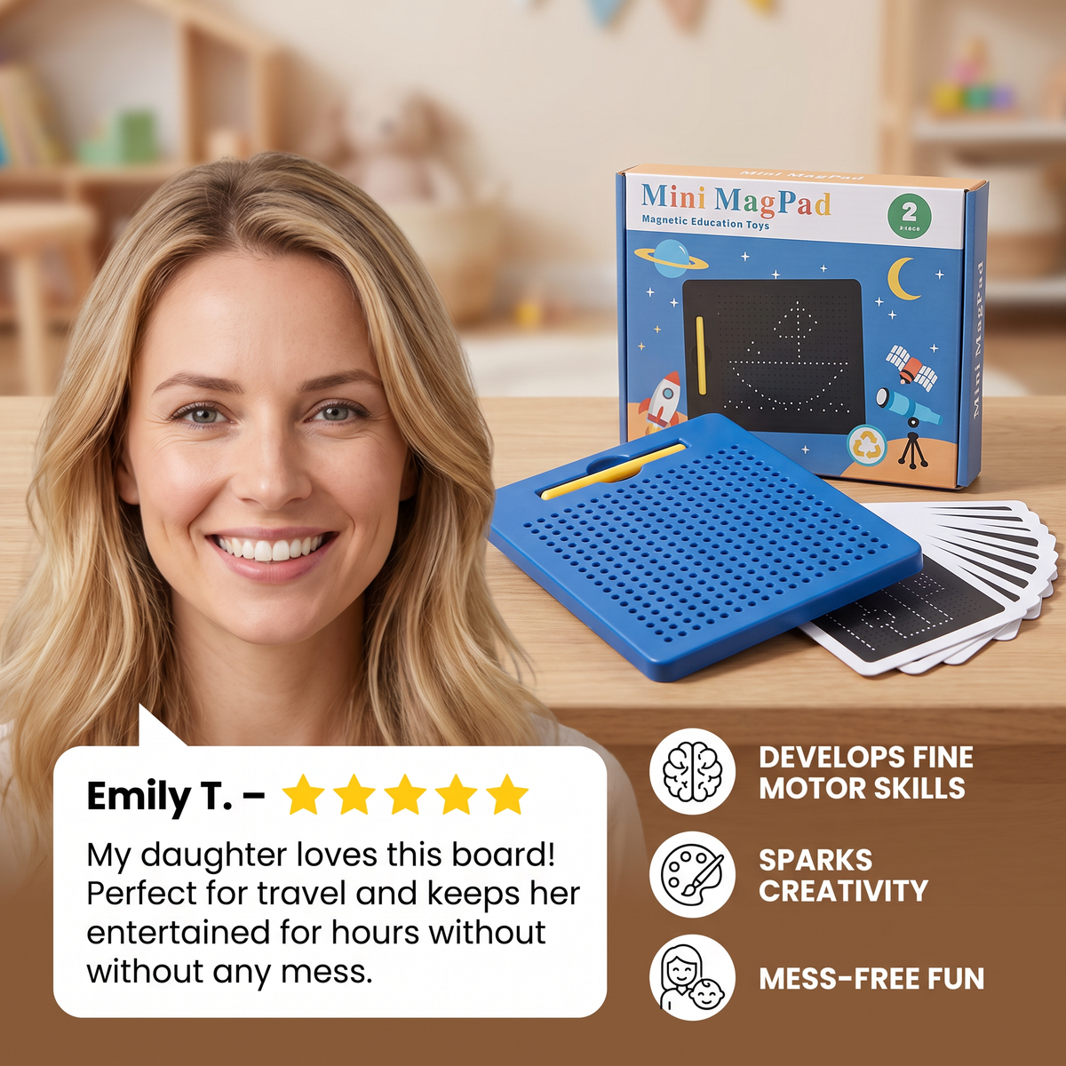 2-in-1 Magnetic Writing & Drawing Board with Snap-On Shape Tiles for Kids