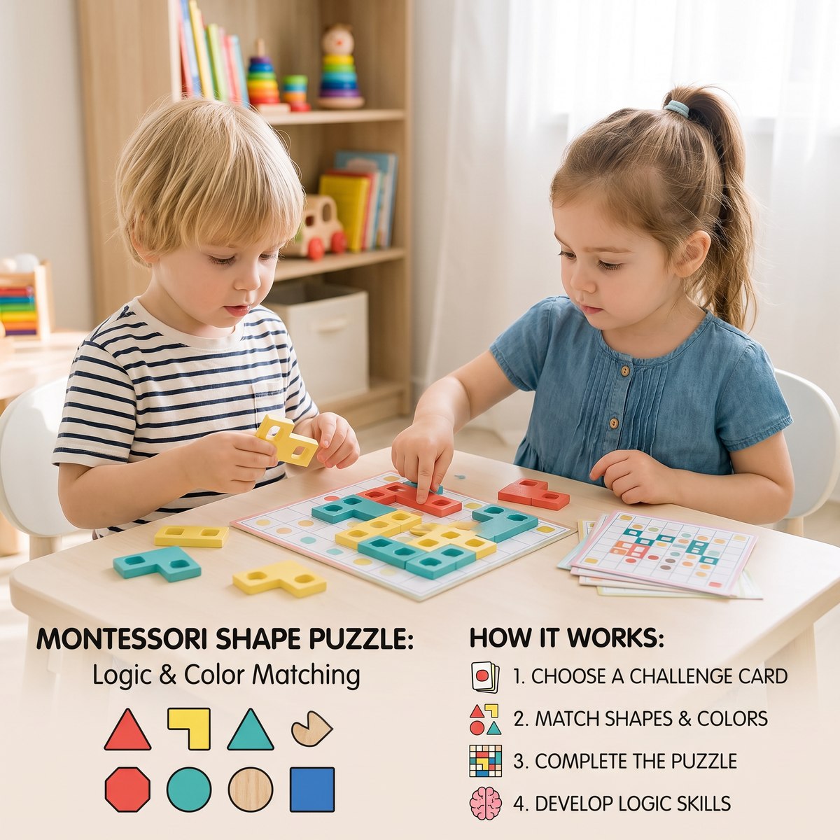 Montessori Wooden Shape Matching Puzzle – Color & Logic Brain Training Game