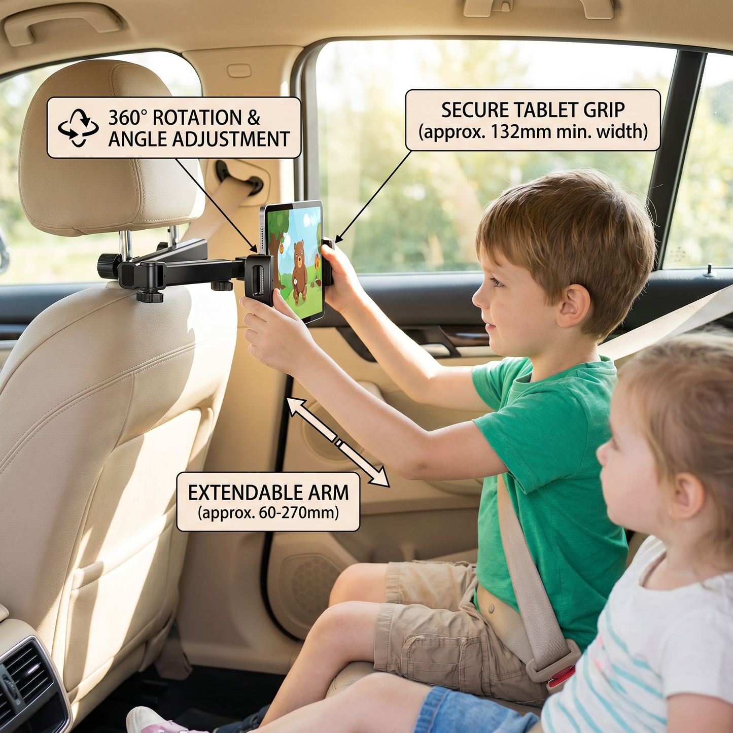360° Rotating Car Headrest Tablet Holder – Back Seat Mount for Tablets
