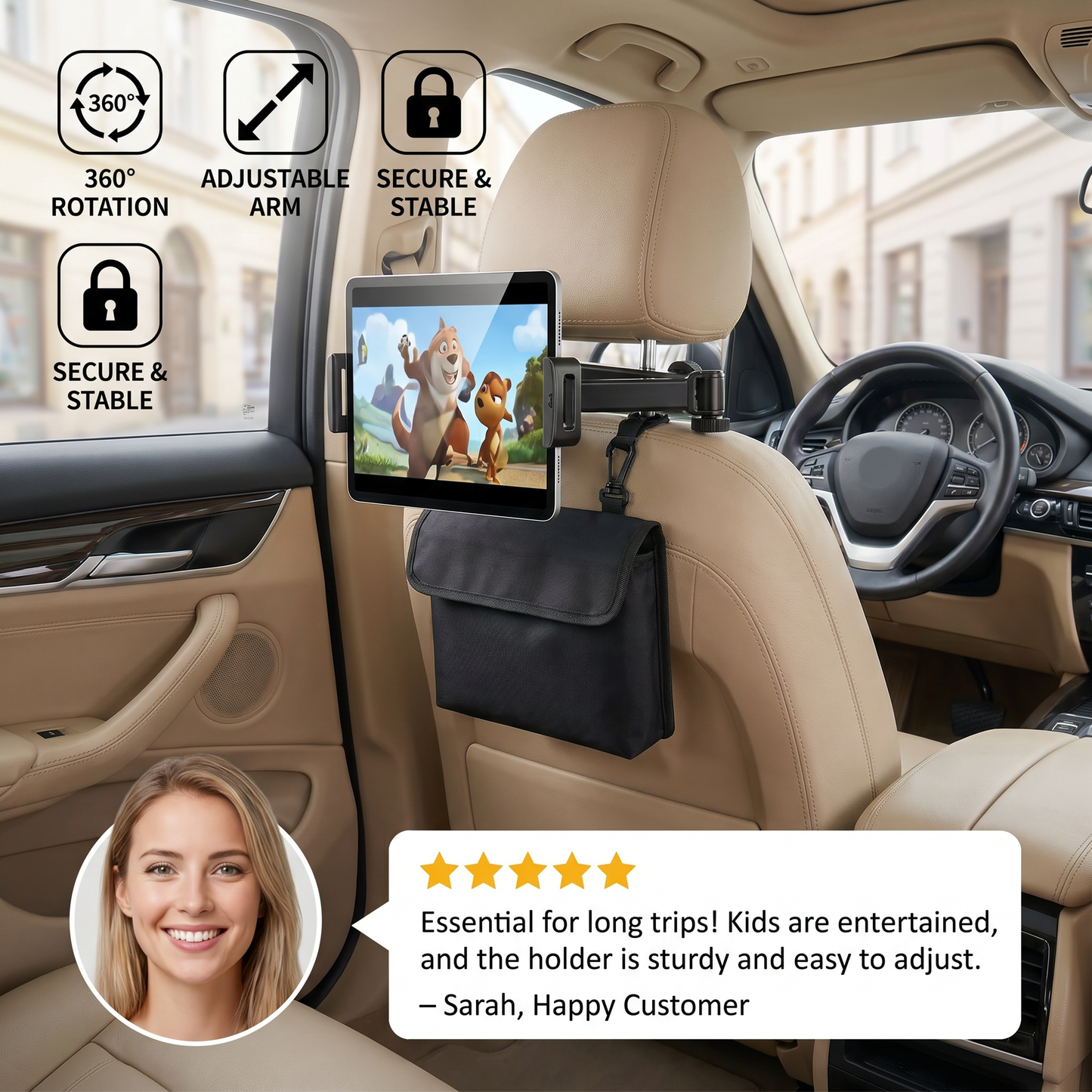 360° Rotating Car Headrest Tablet Holder – Back Seat Mount for Tablets