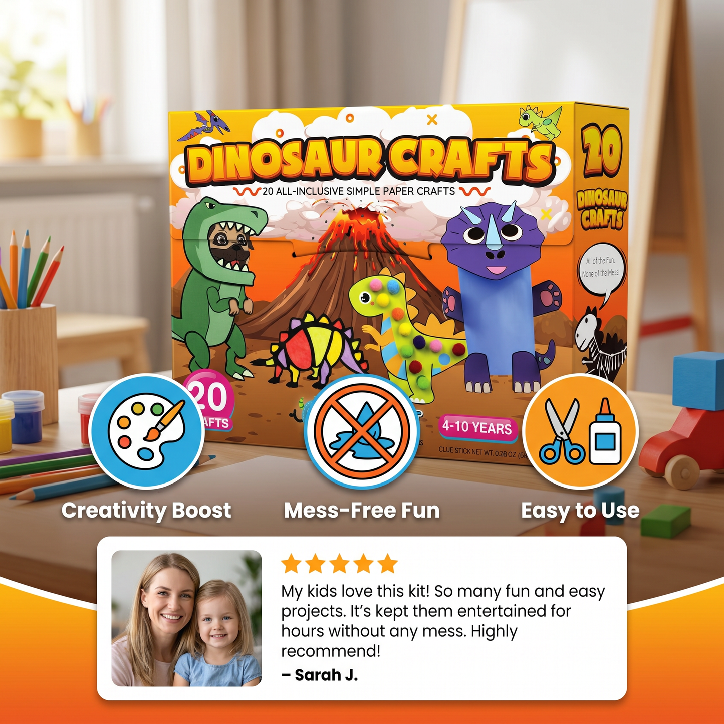 Kids Paper Crafts Box – 20 Easy DIY Arts & Crafts Projects for Ages 3–10 with Glue Stick, Tape & Envelopes