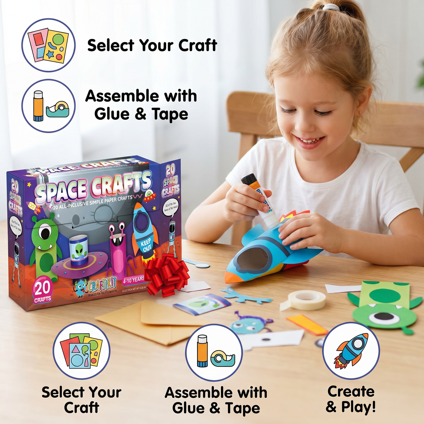Kids Paper Crafts Box – 20 Easy DIY Arts & Crafts Projects for Ages 3–10 with Glue Stick, Tape & Envelopes
