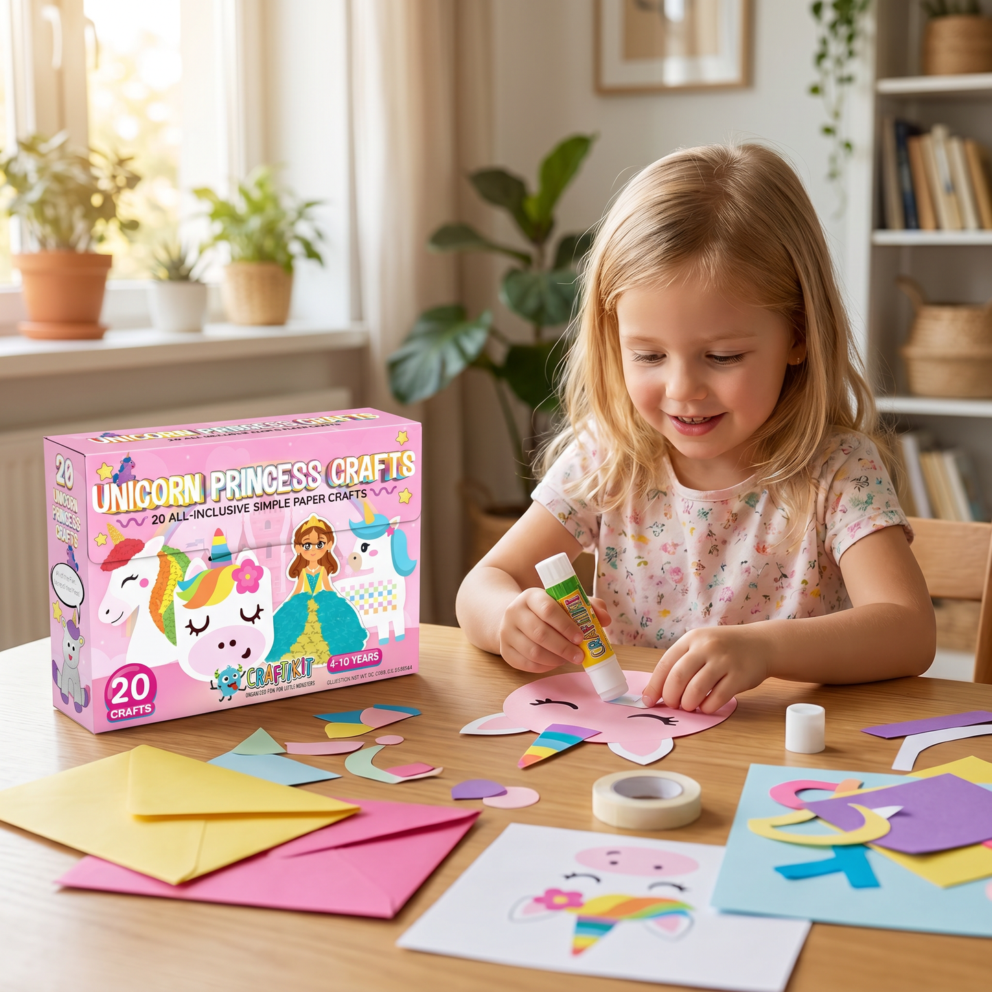 Kids Paper Crafts Box – 20 Easy DIY Arts & Crafts Projects for Ages 3–10 with Glue Stick, Tape & Envelopes