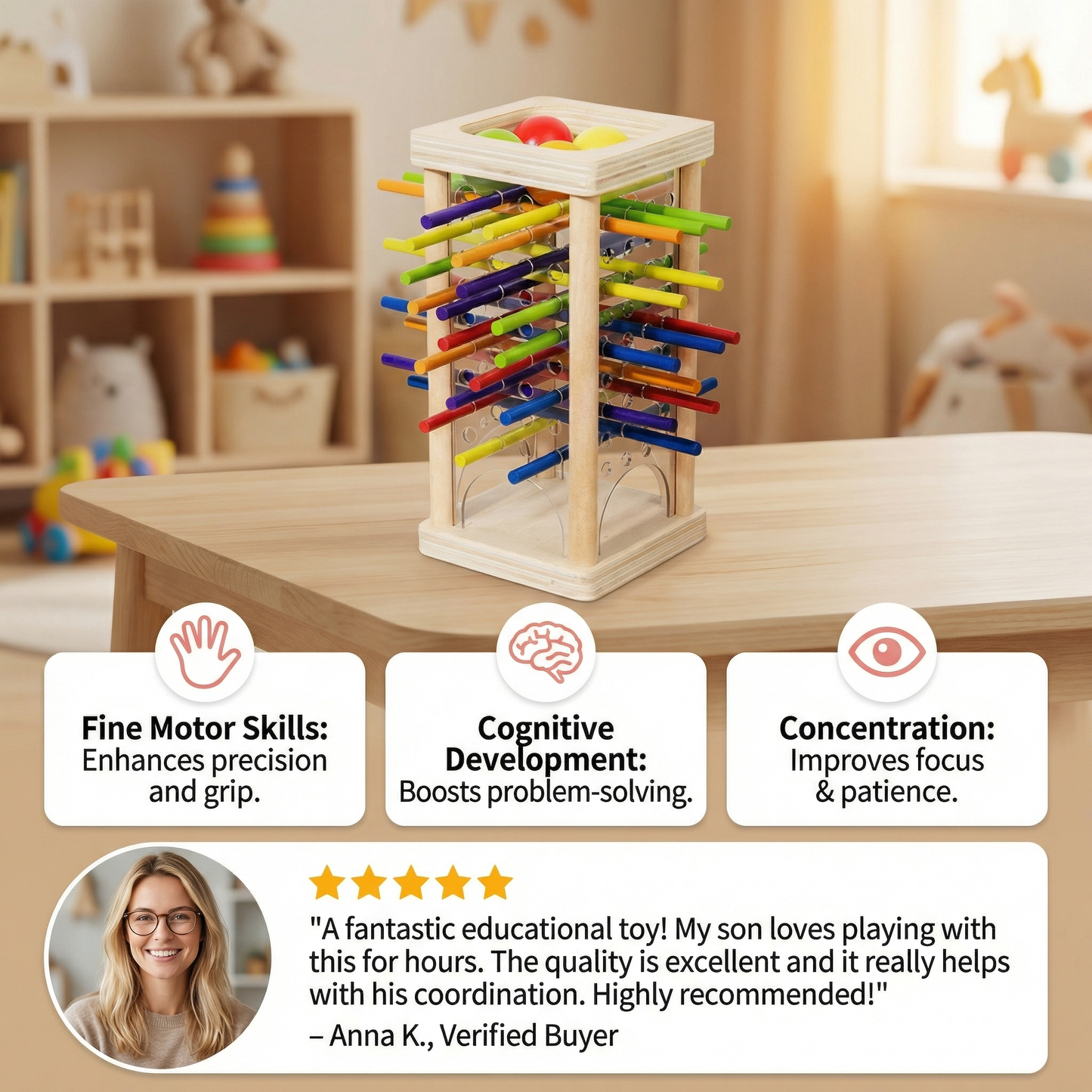 Educational 3-in-1 Wooden Ball and Stick Dexterity Game