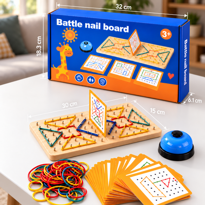 Montessori Wooden Geometry Battle Game with Colorful Rubber Bands