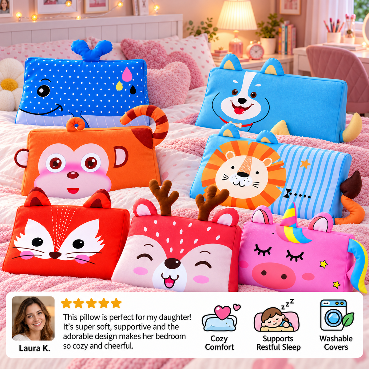 Calming Ergonomic Kids’ Pillow with Cartoon Animal Pillowcase