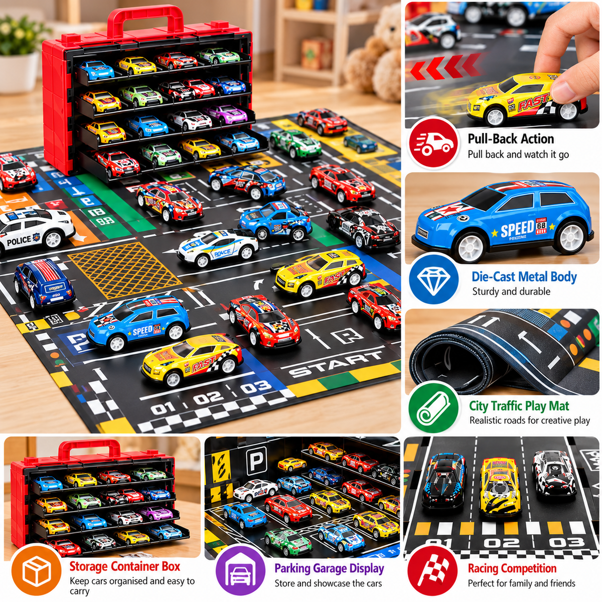 48-Piece Mini Die-Cast Pull-Back Car Set with Storage Container Box