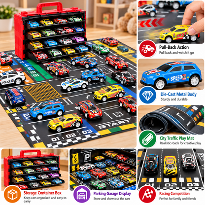 48-Piece Mini Die-Cast Pull-Back Car Set with Storage Container Box