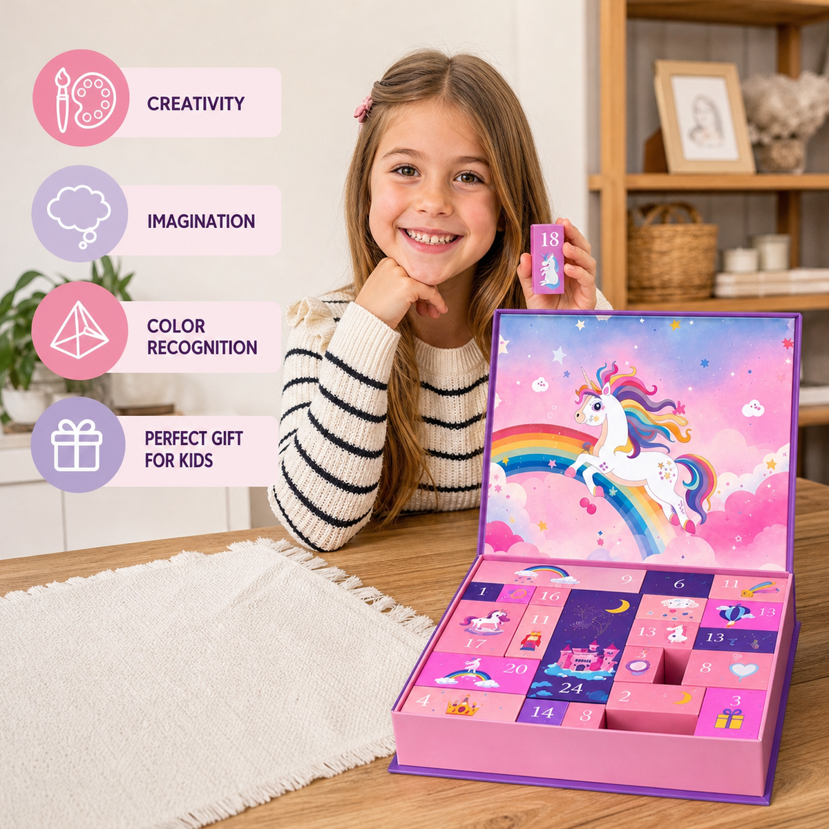 24-Day Unicorn Advent Calendar with Hair Accessories, Stickers & Surprise Gifts